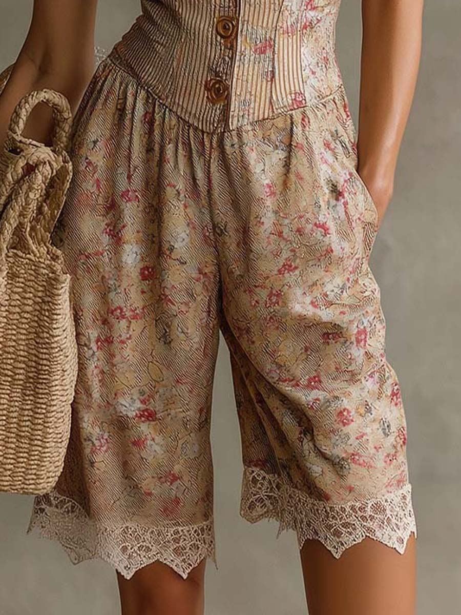 Retro Floral Twill Lace Jumpsuit