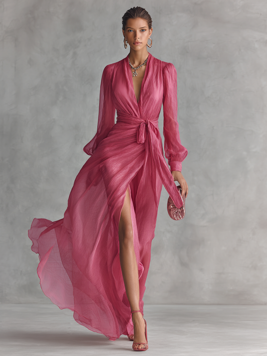 Dusty Pink Pearl Chiffon Long Dress with Tie Waist