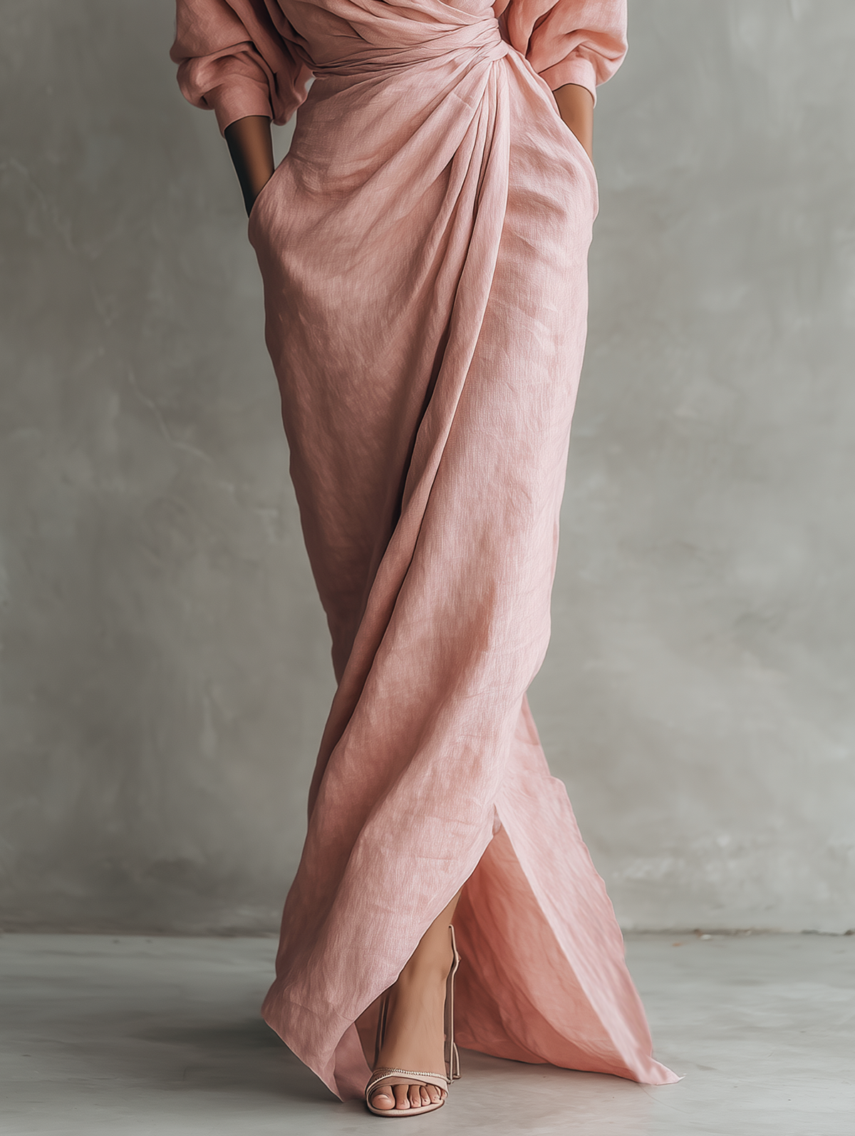 Pink Linen-Blend Minimalist V-Neck Maxi Dress