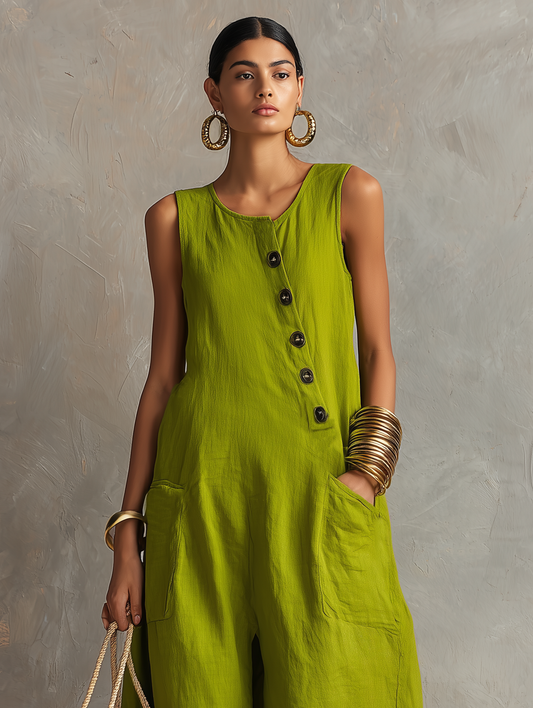 Relaxed Linen-Blend Sleeveless Jumpsuit with Asymmetric Buttons