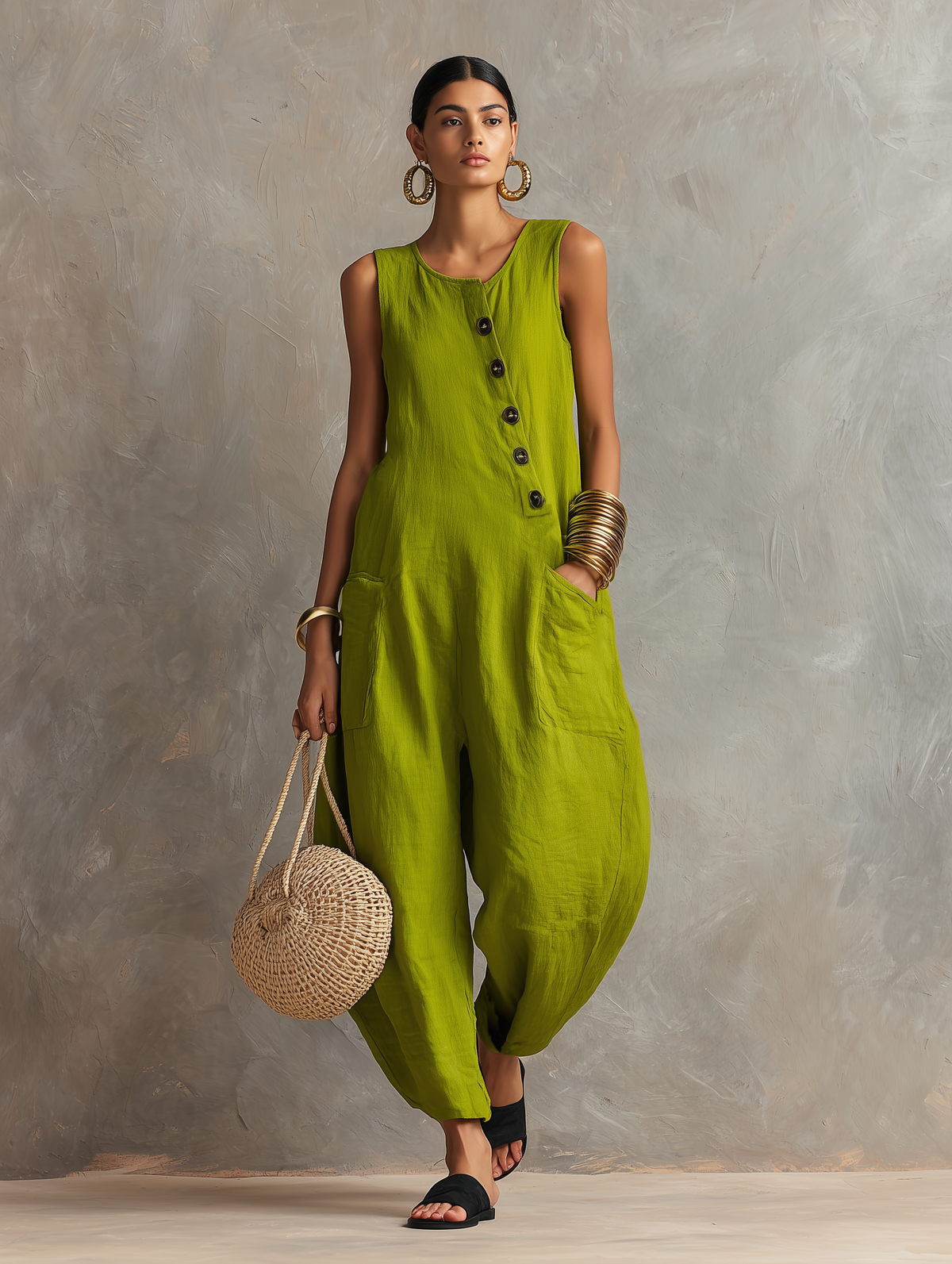 Relaxed Linen-Blend Sleeveless Jumpsuit with Asymmetric Buttons