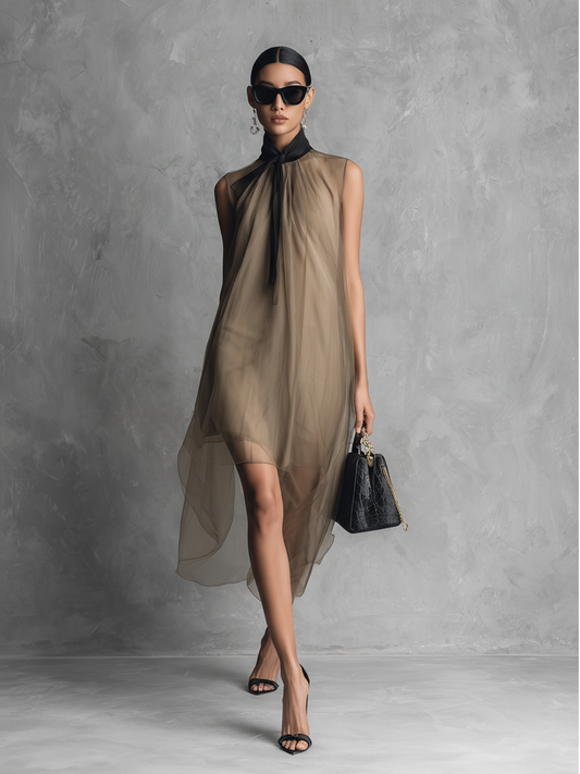 Khaki & Brown Two-Tone Sleeveless Chiffon Dress