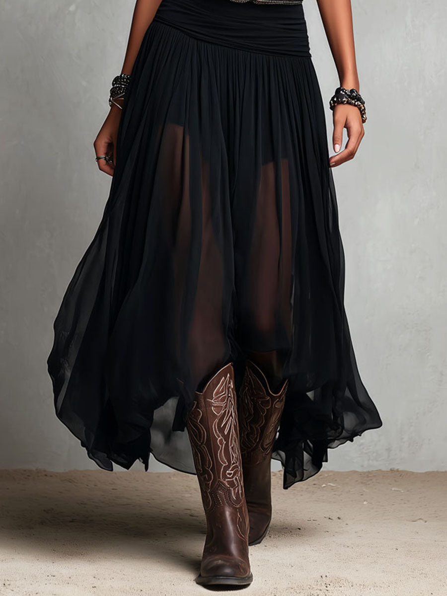 Black Boho Western Stretch Maxi Dress with Sheer Skirt