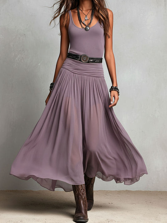 Black Boho Western Stretch Maxi Dress with Sheer Skirt