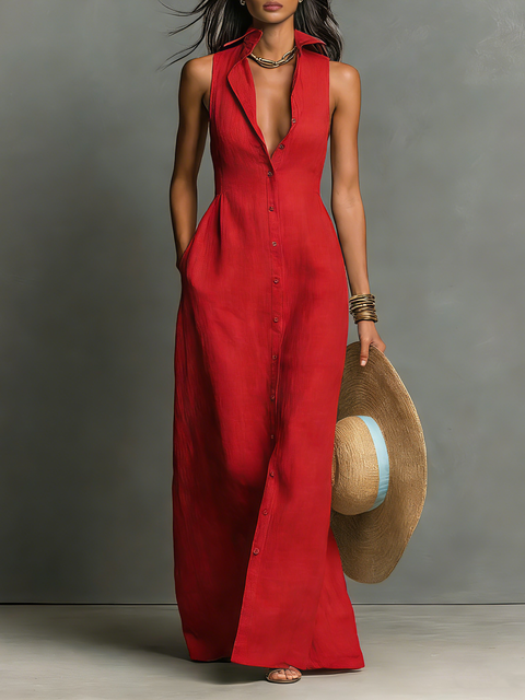 Minimalist Sleeveless Linen Maxi Shirt Dress