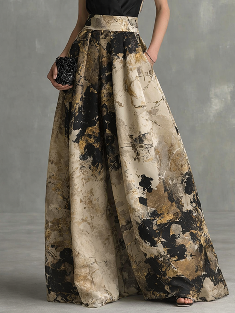 Black & Beige Abstract Print Strappy V-Neck Maxi Dress