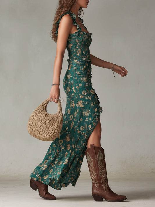 Retro Boho Ruffle-Sleeve Maxi Dress with High Split