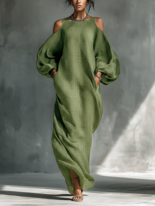 Light Green Off-Shoulder Maxi Dress with Puff Sleeves & Pockets