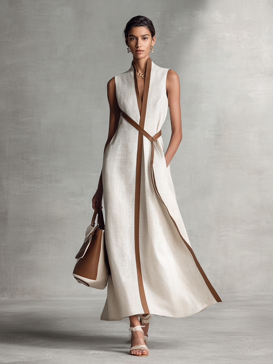 Sleeveless Cotton-Linen V-Neck Maxi Dress with Tie Belt