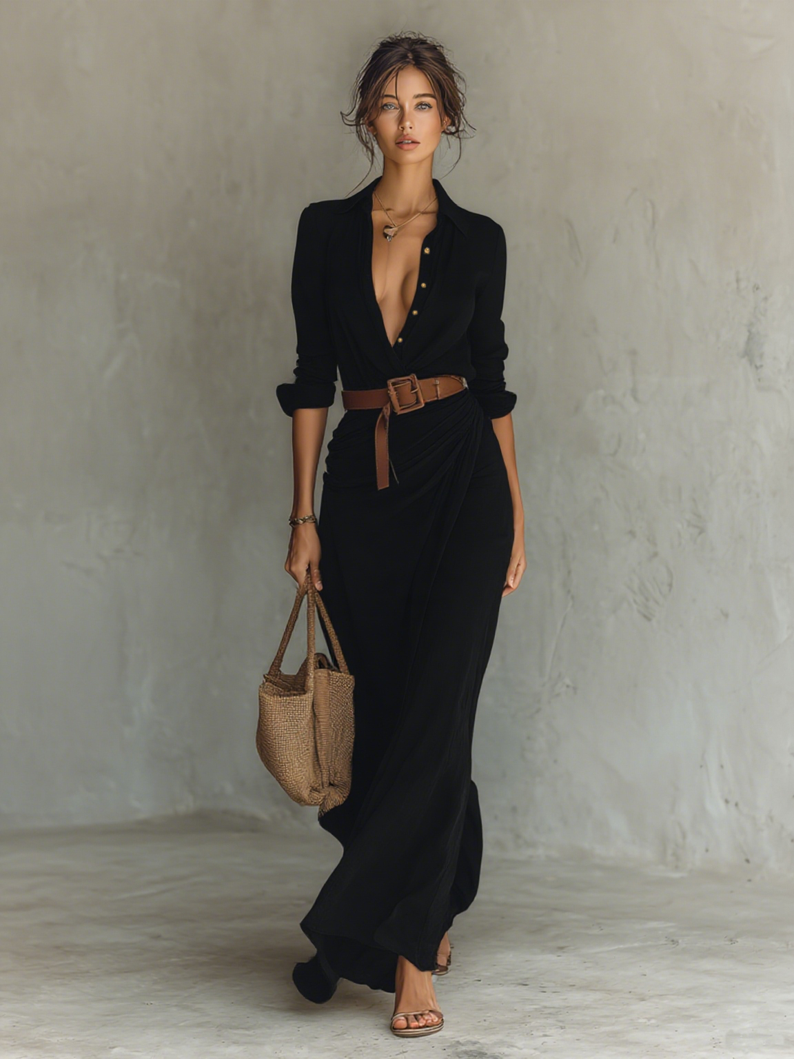 Cotton-Tencel Long-Sleeve Lapel Maxi Dress