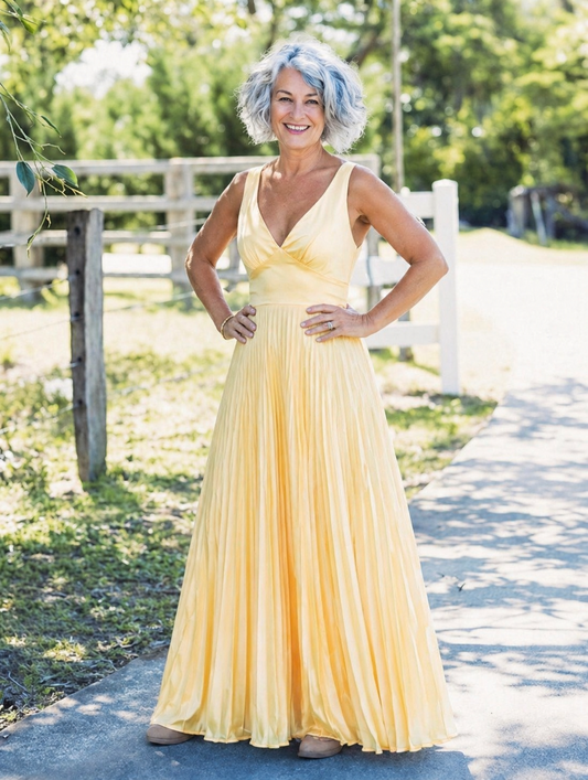 Malka – Pleated V-Neck Maxi Dress