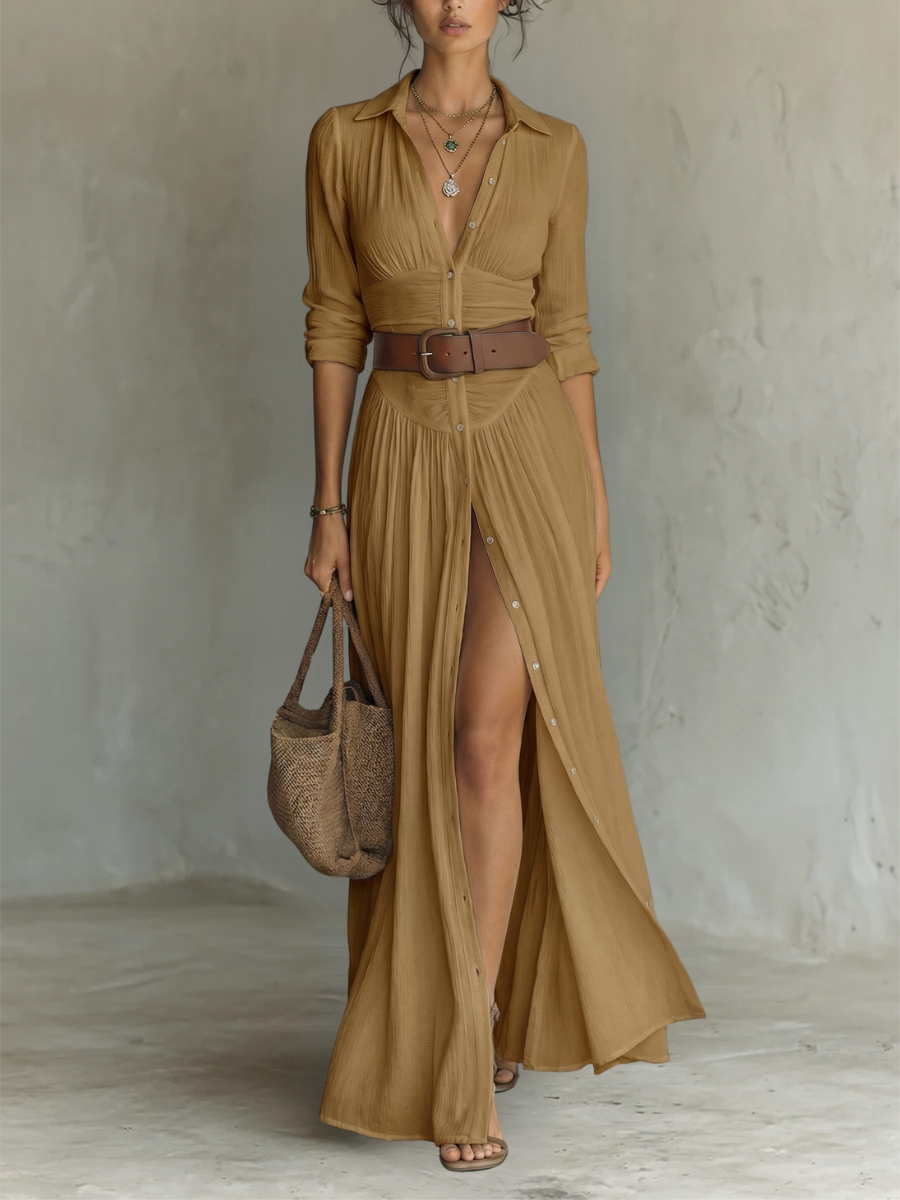 Cotton-Linen Long-Sleeve Lapel Maxi Dress