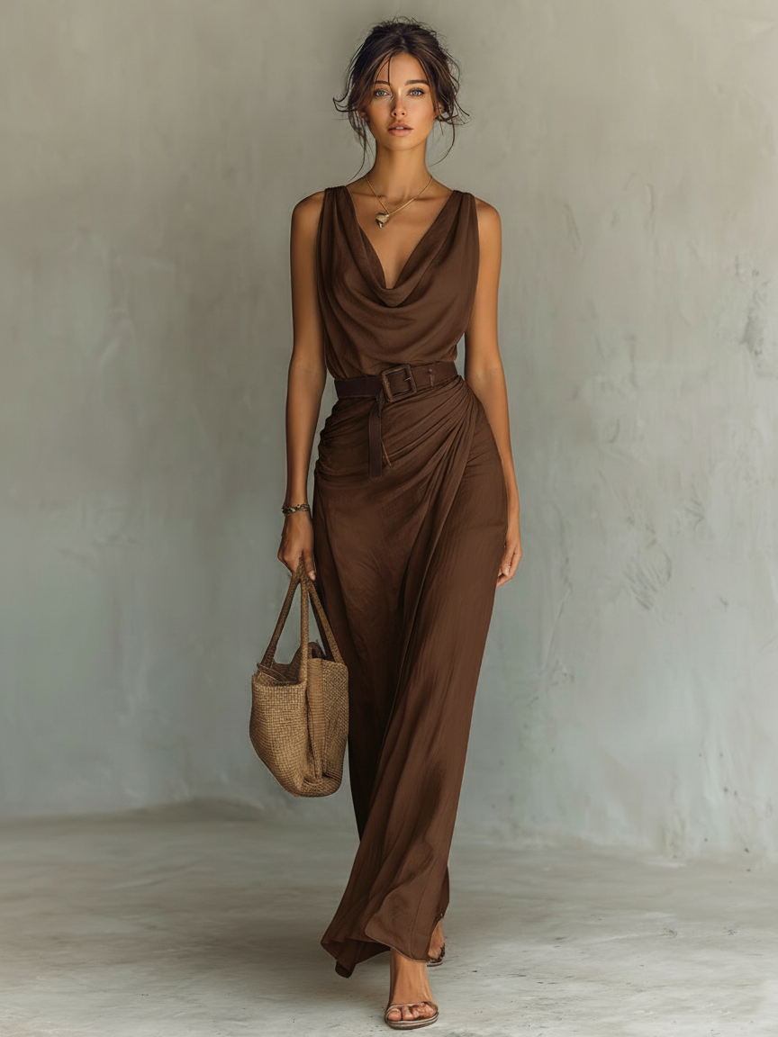 Minimalist Sleeveless Draped-Neck Maxi Dress