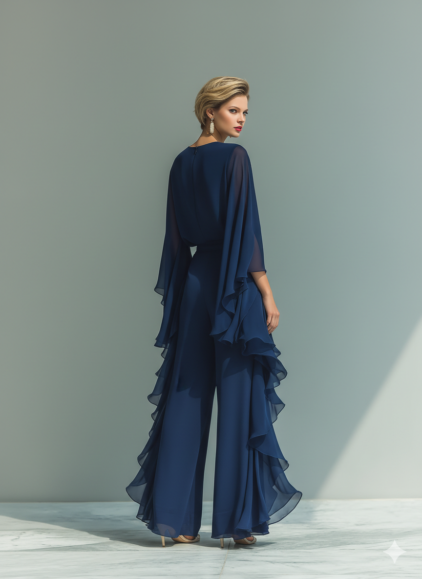 Navy Chiffon Bell-Sleeve Top & Straight-Leg Trouser Set