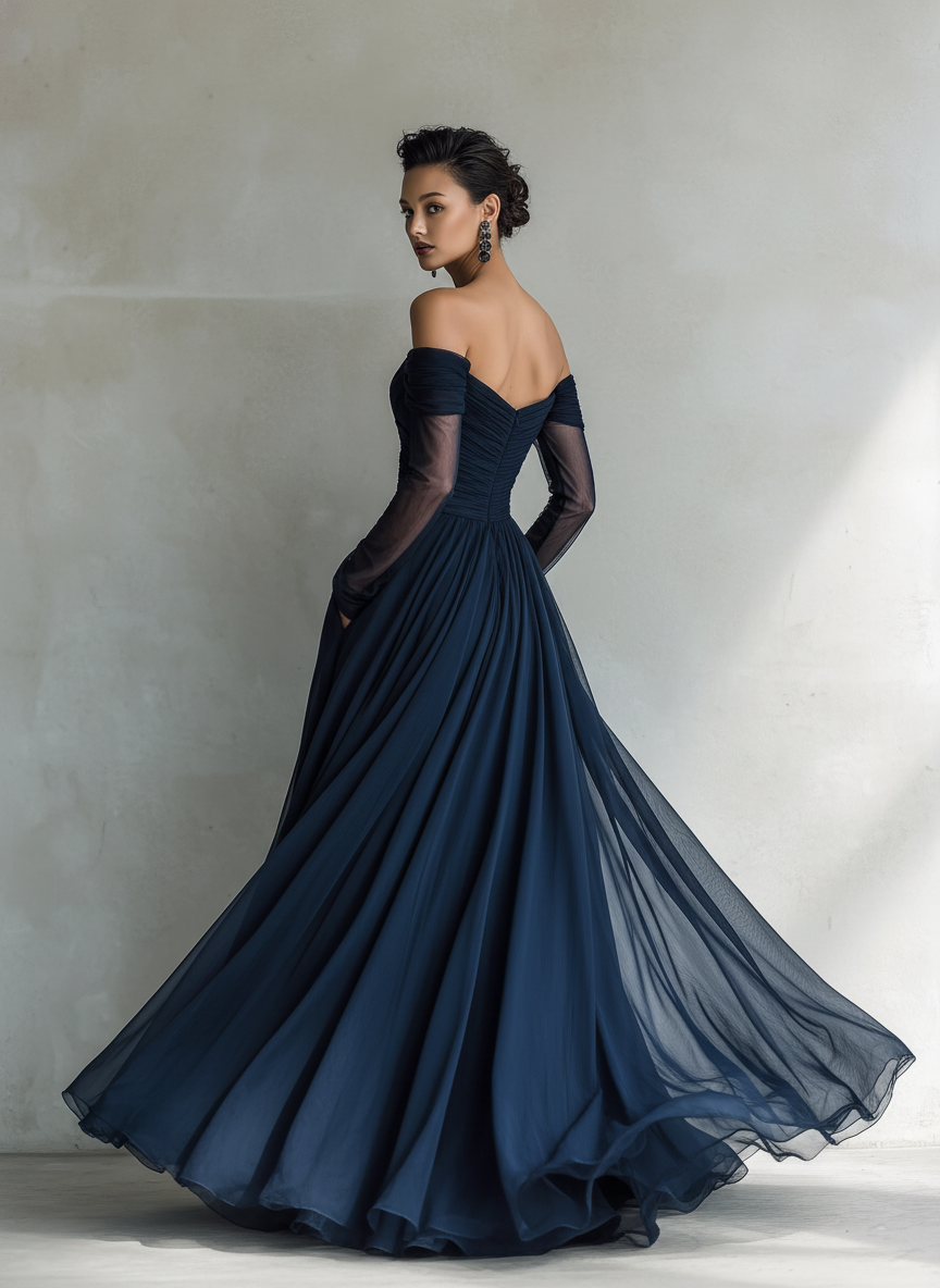 Dark Blue Organza Chiffon Off-Shoulder Maxi Dress