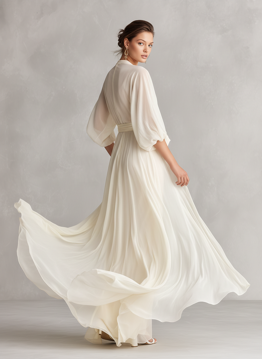 Ivory Sheer Chiffon Wrap Maxi Dress with Voluminous Sleeves