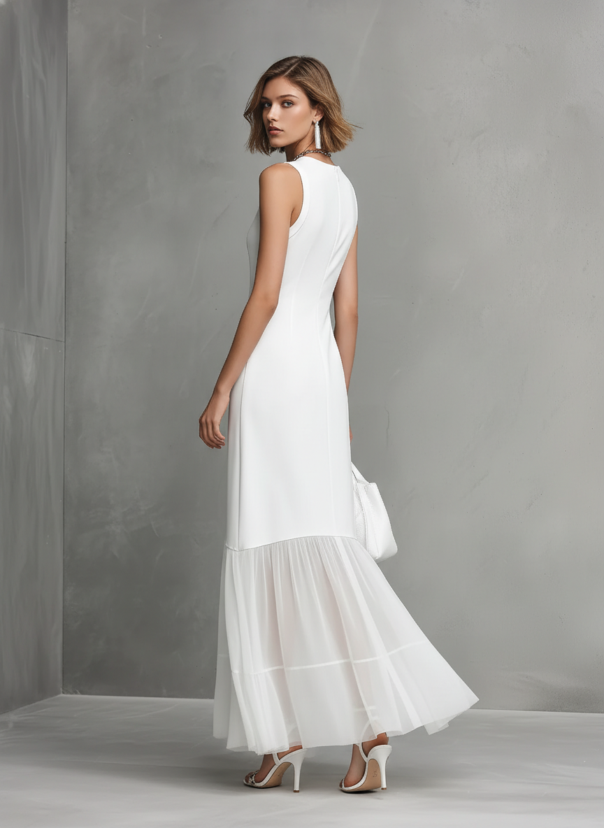 White Sleeveless Milk-Silk & Chiffon Panel Dress