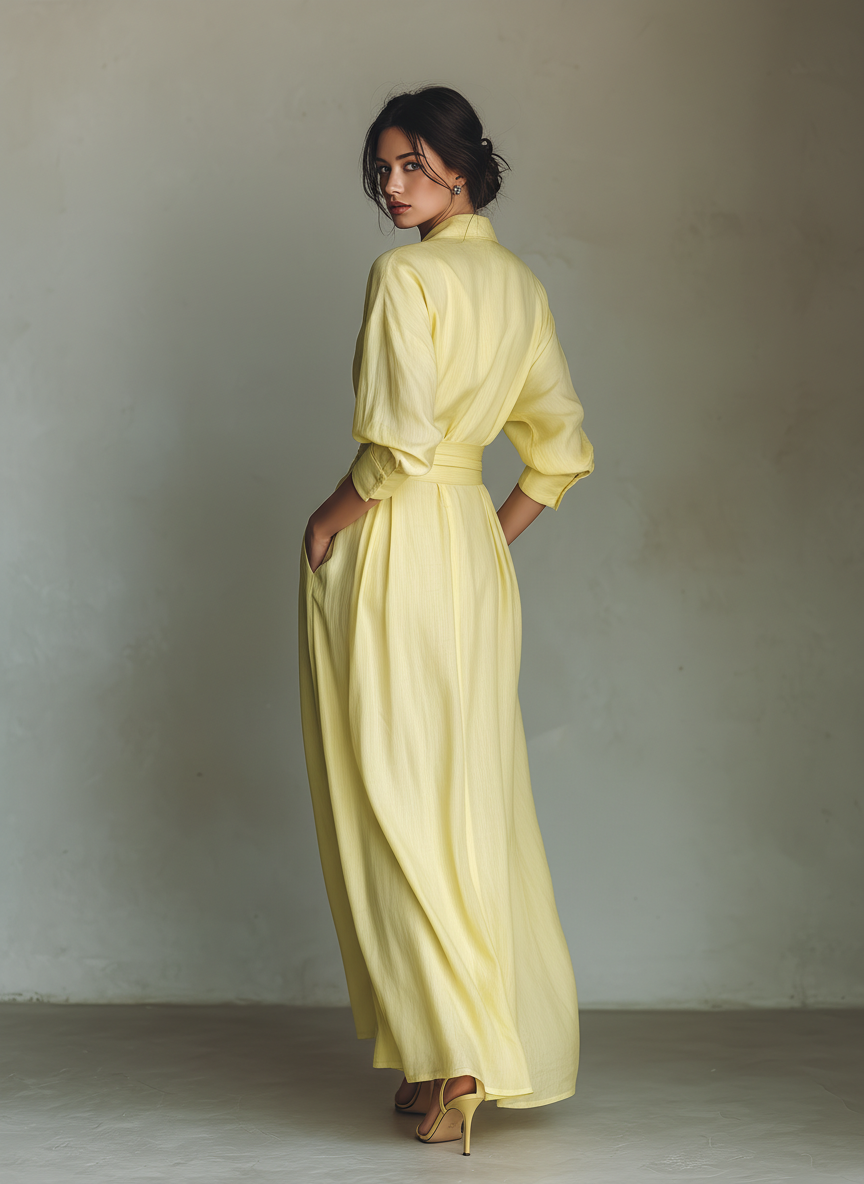 Lemon Yellow Cotton-Linen Maxi Shirt Dress with Tie Belt