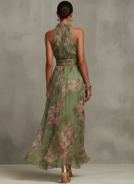 Serena | Green Floral Chiffon Halter Maxi Dress
