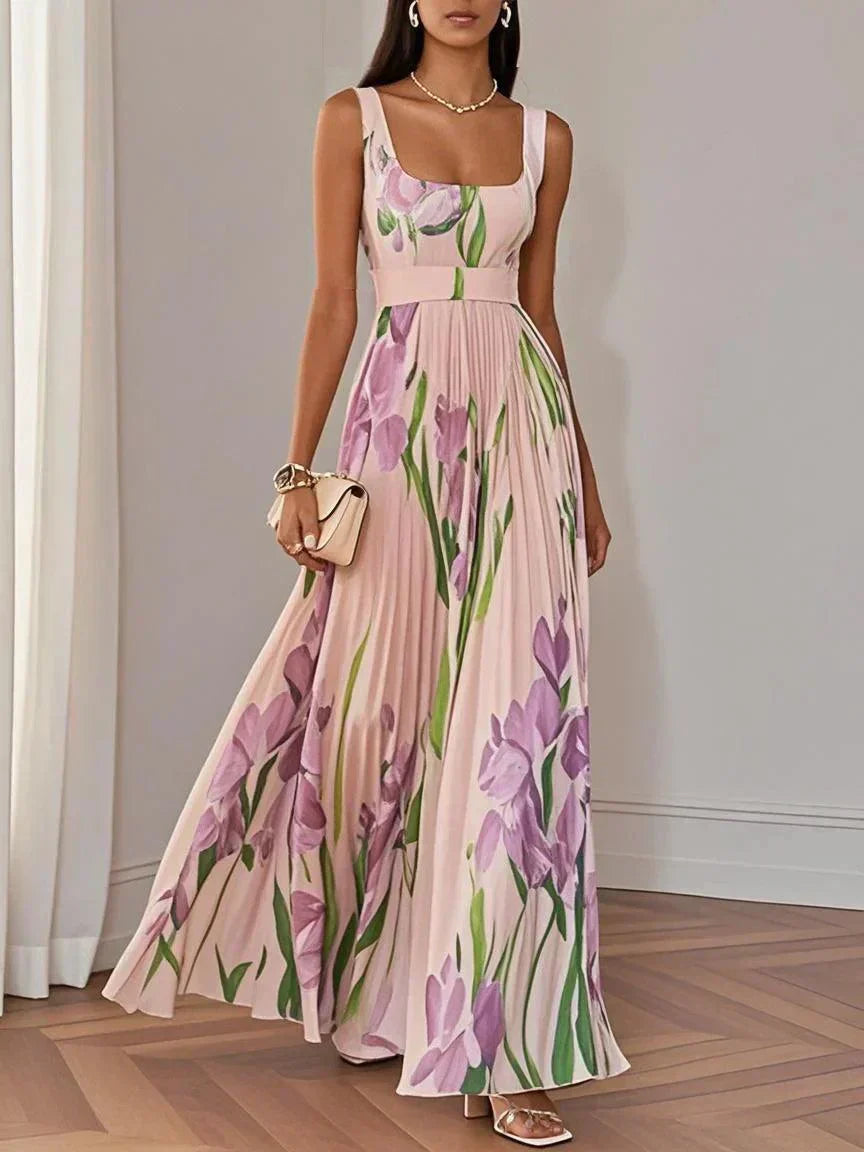 White Floral Pleated Chiffon Square-Neck Maxi Dress