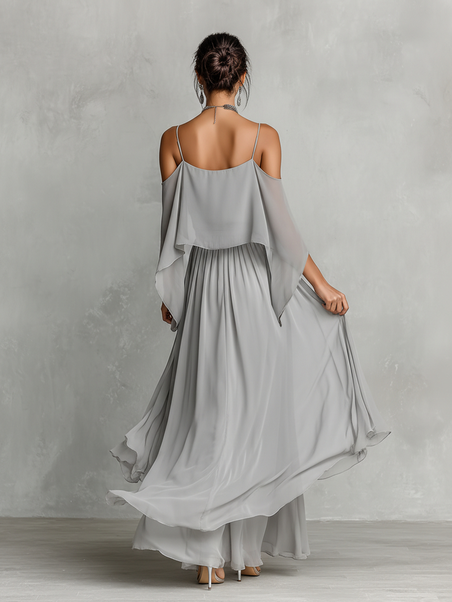 Grey Chiffon Off-Shoulder Flared Set