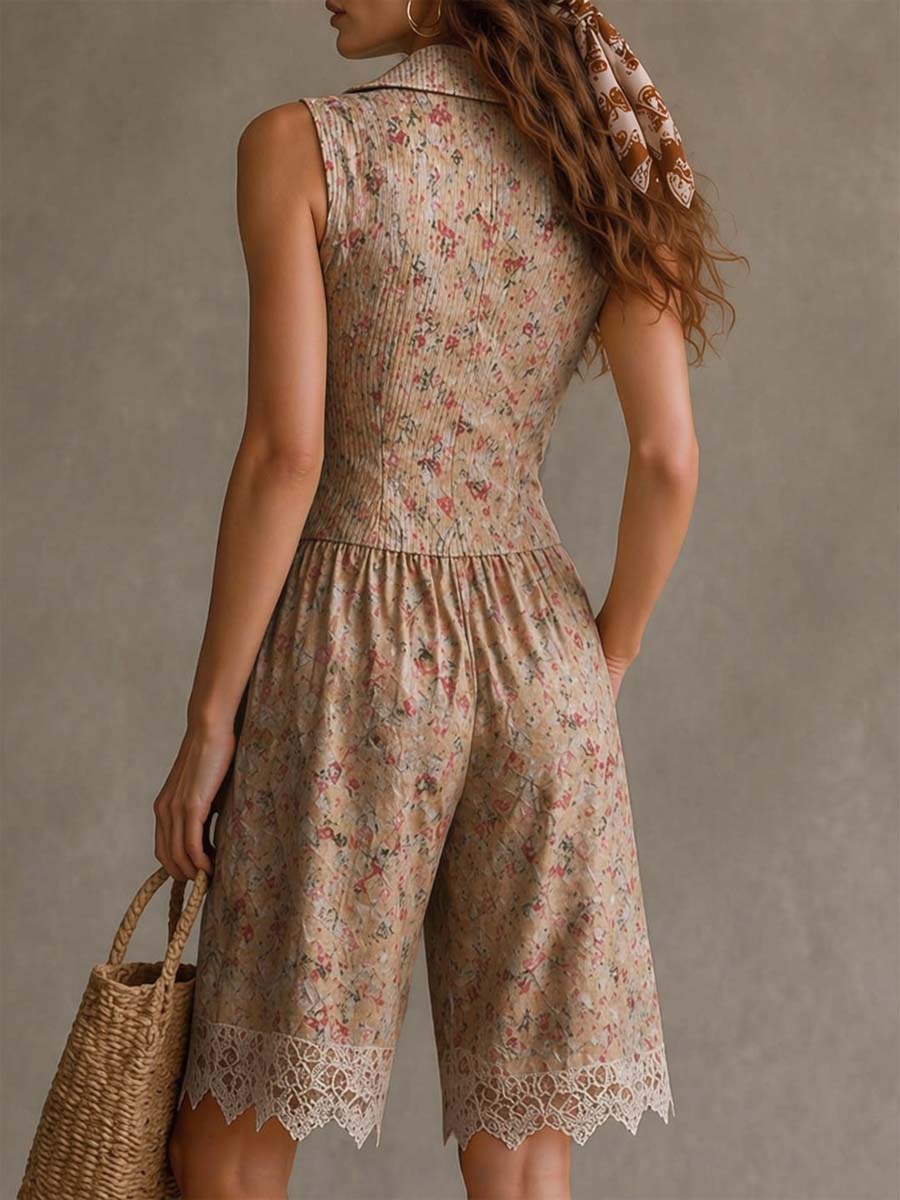 Retro Floral Twill Lace Jumpsuit