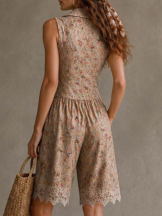 Retro Floral Twill Lace Jumpsuit