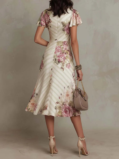 Alba | Retro Floral Satin Midi Dress