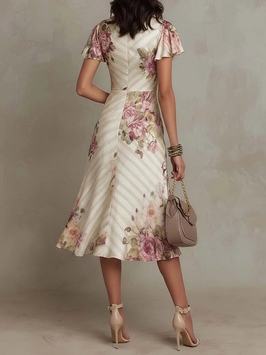Alba | Retro Floral Satin Midi Dress