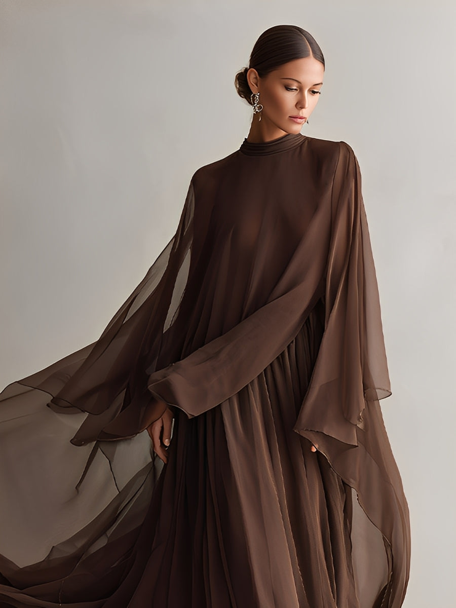 Rich Brown Chiffon Cape Maxi Dress