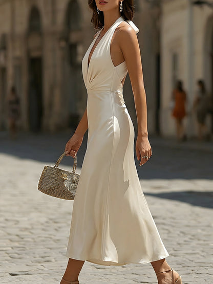 Elena | Long V-Neck Satin Dress