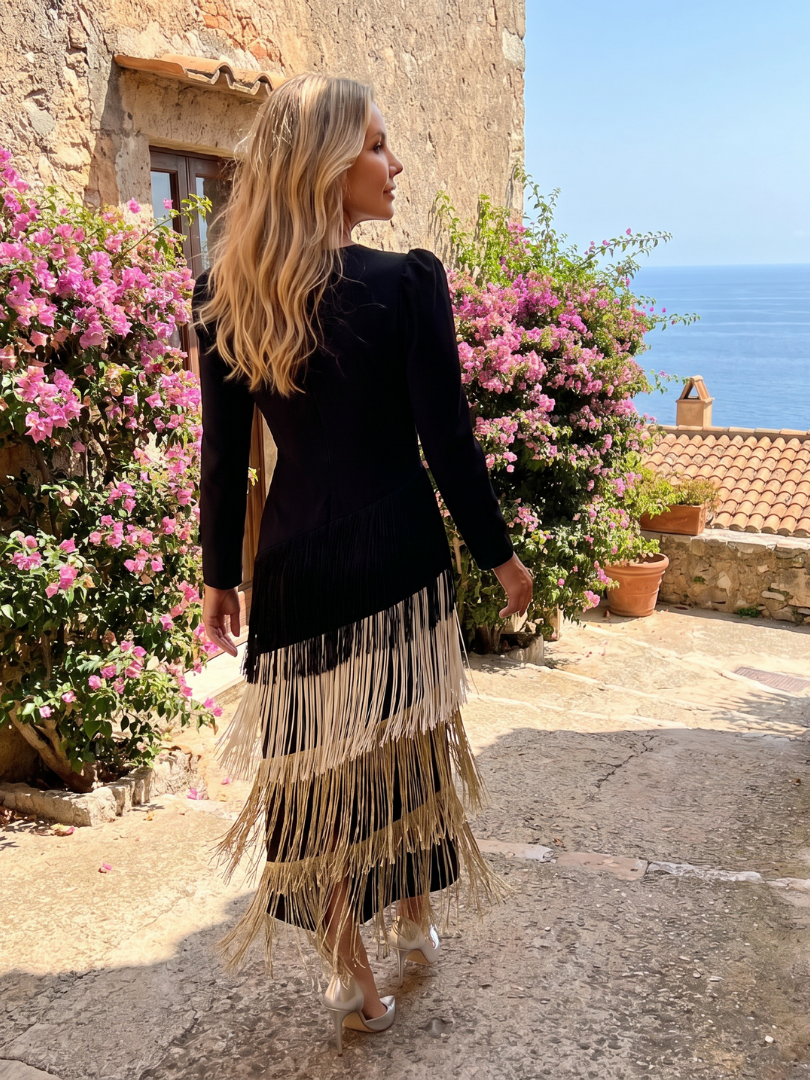 Fiona – Long Sleeve Fringe Skirt Midi Dress