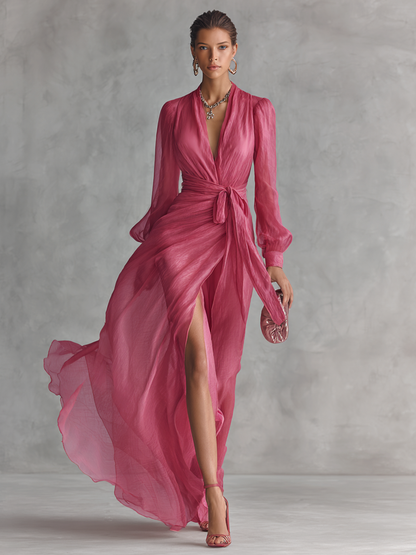 Dusty Pink Pearl Chiffon Long Dress with Tie Waist