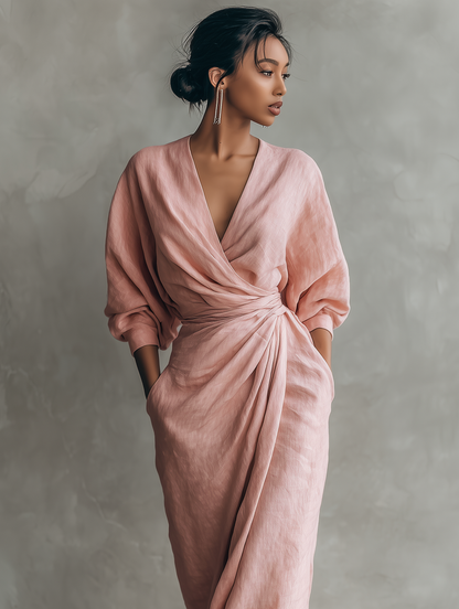 Pink Linen-Blend Minimalist V-Neck Maxi Dress