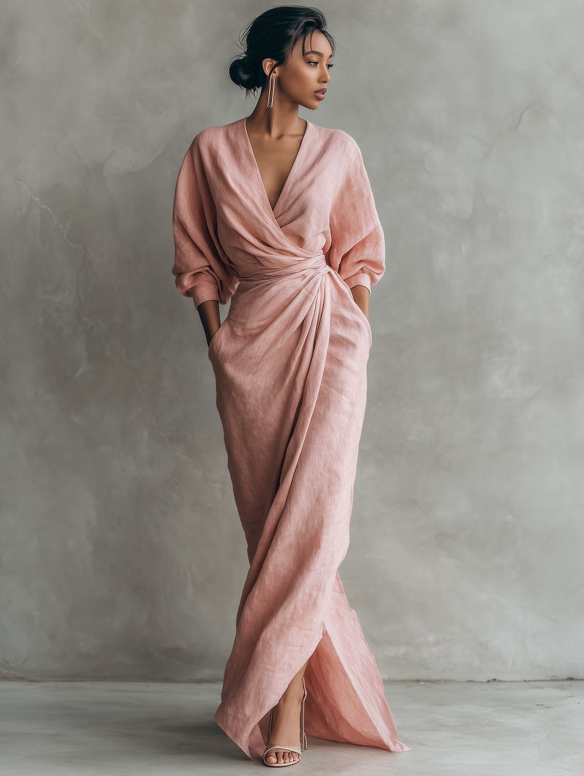 Pink Linen-Blend Minimalist V-Neck Maxi Dress