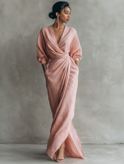 Pink Linen-Blend Minimalist V-Neck Maxi Dress