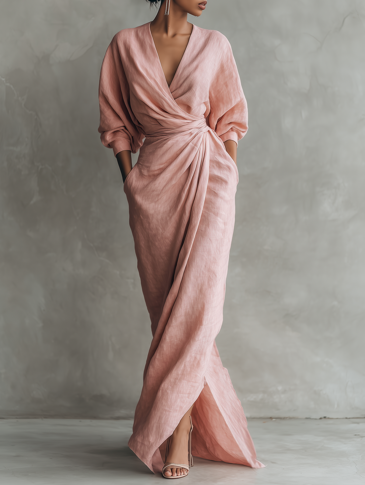 Pink Linen-Blend Minimalist V-Neck Maxi Dress