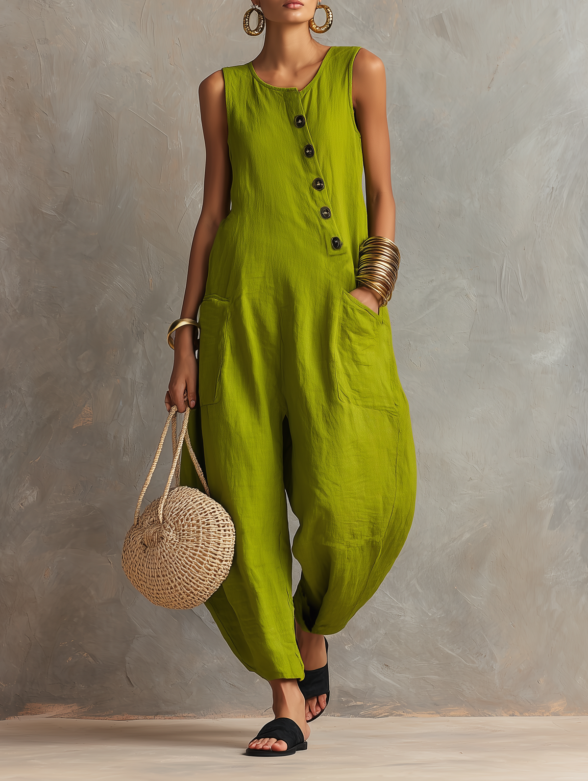 Relaxed Linen-Blend Sleeveless Jumpsuit with Asymmetric Buttons