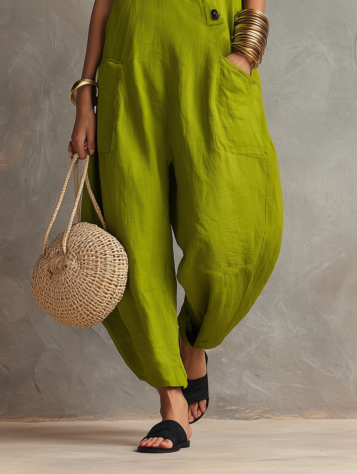 Relaxed Linen-Blend Sleeveless Jumpsuit with Asymmetric Buttons