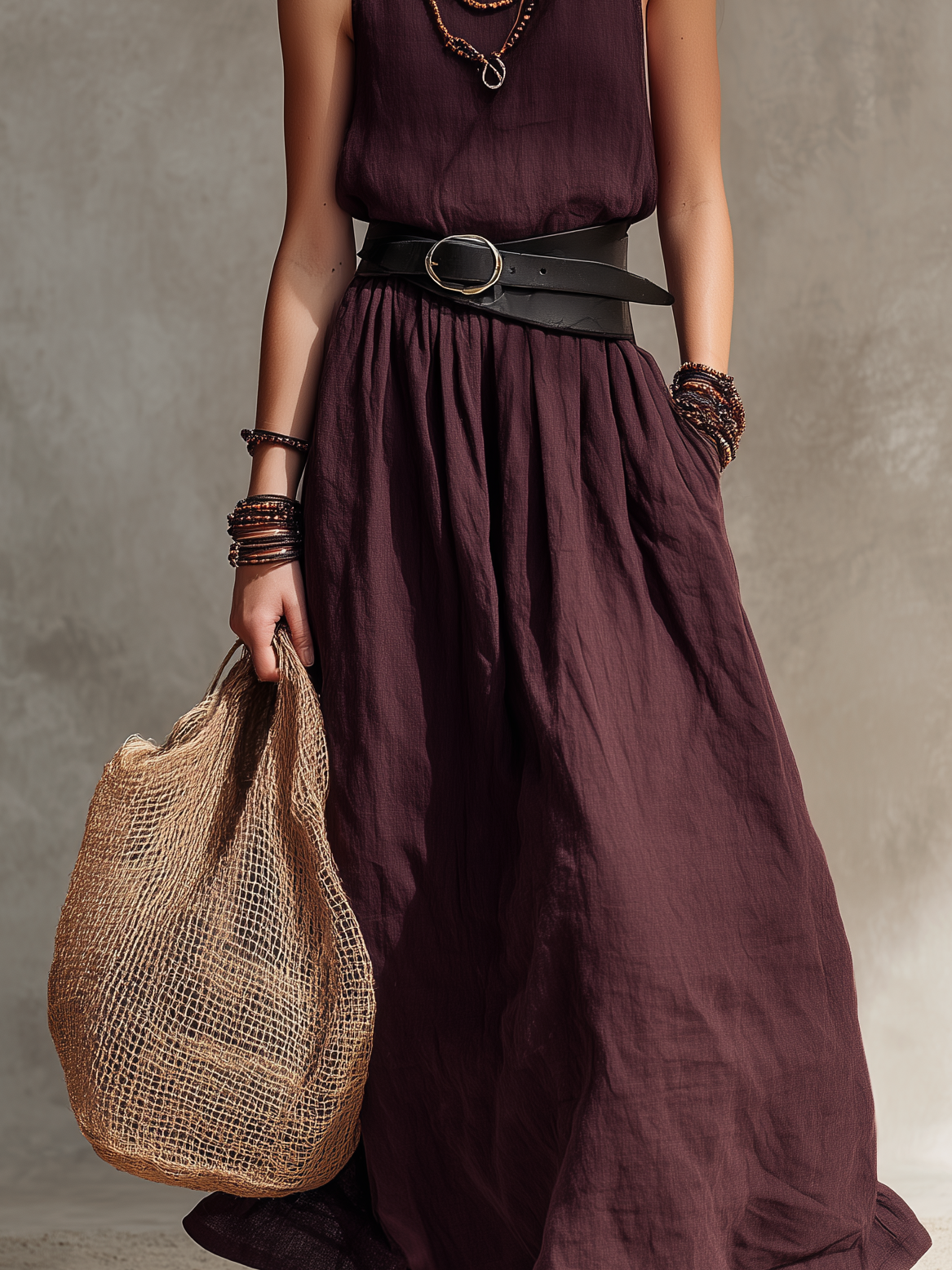Magenta Sleeveless Cotton-Linen Maxi Dress – Belt Not Included
