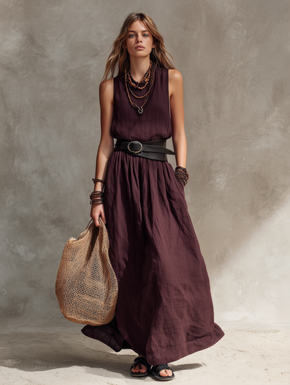 Magenta Sleeveless Cotton-Linen Maxi Dress – Belt Not Included