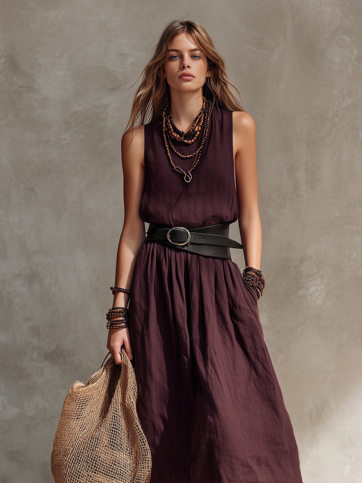 Magenta Sleeveless Cotton-Linen Maxi Dress – Belt Not Included