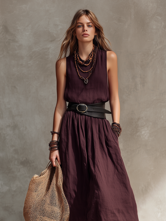 Magenta Sleeveless Cotton-Linen Maxi Dress – Belt Not Included
