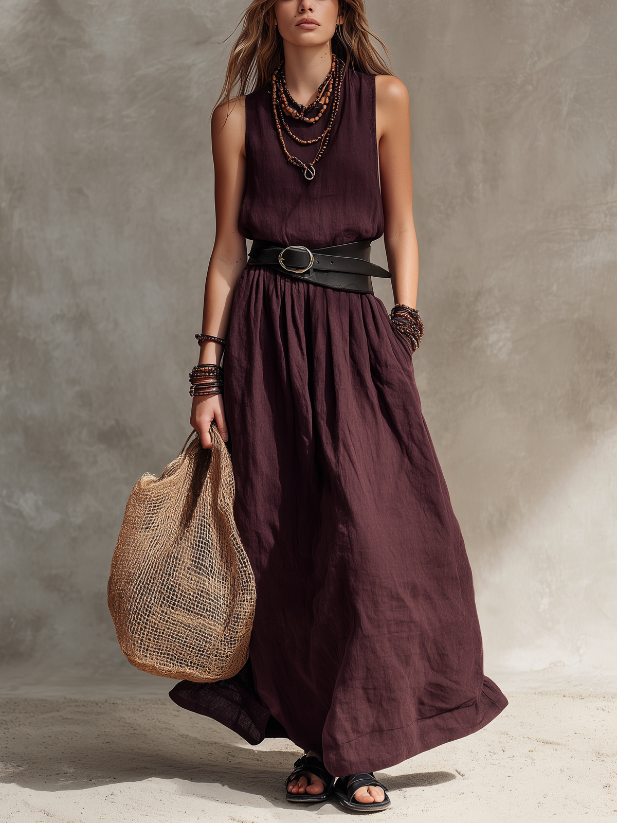 Magenta Sleeveless Cotton-Linen Maxi Dress – Belt Not Included