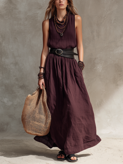 Magenta Sleeveless Cotton-Linen Maxi Dress – Belt Not Included