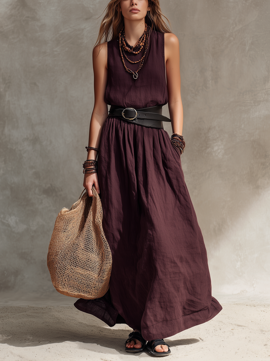 Magenta Sleeveless Cotton-Linen Maxi Dress – Belt Not Included