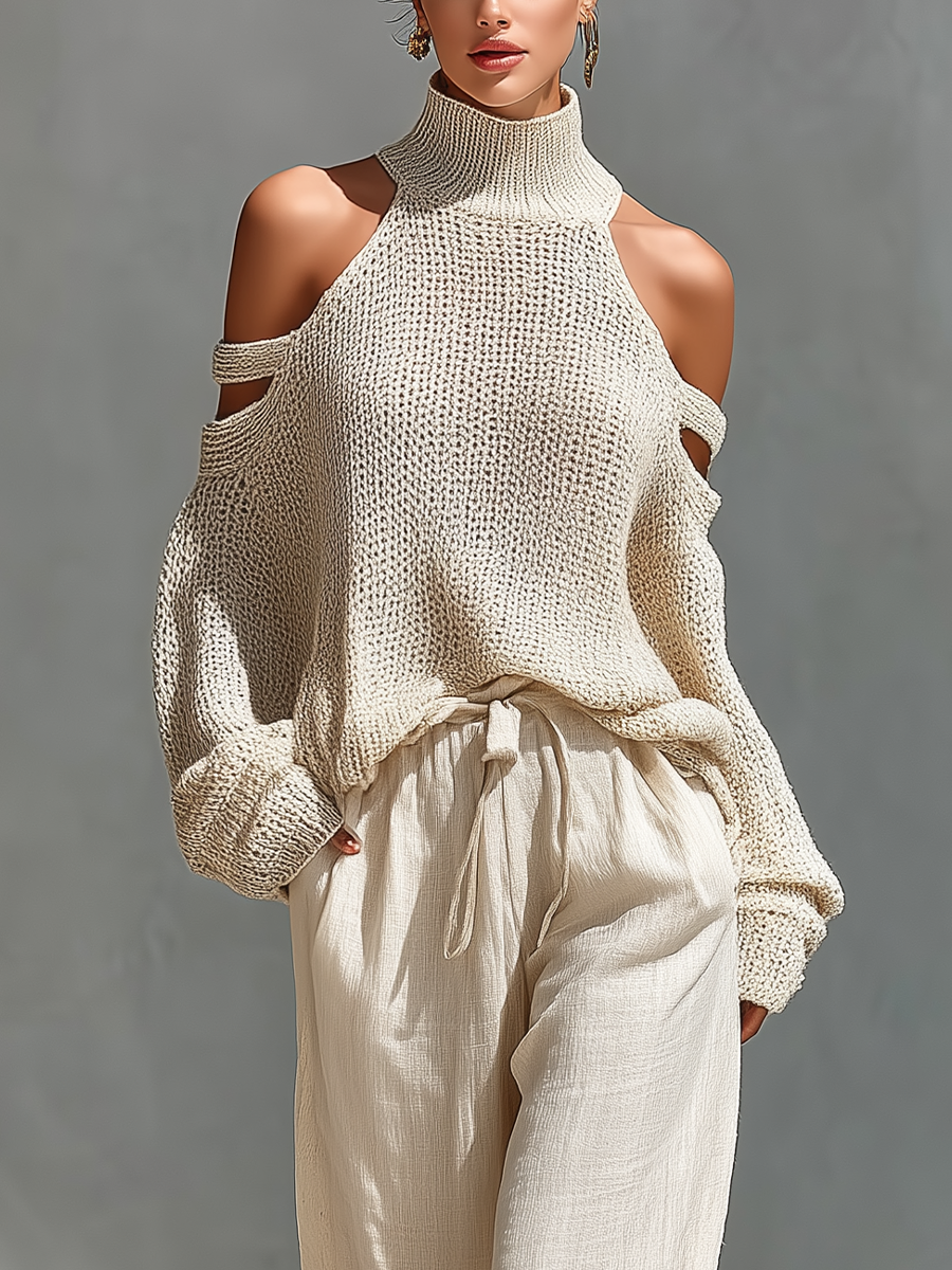 Beige Off-Shoulder Knit Top & Wide-Leg Trouser Set