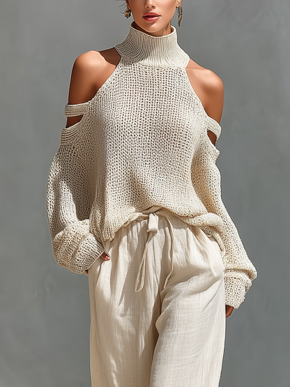 Beige Off-Shoulder Knit Top & Wide-Leg Trouser Set