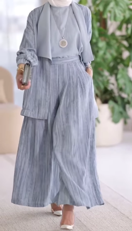 Three-Piece Vertical Stripe Collared Set