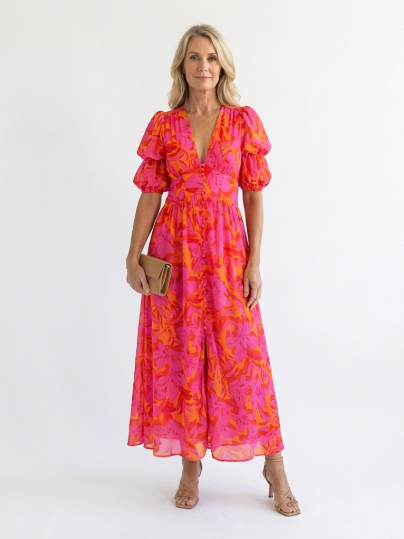 Daisy – Floral V-Neck Puff Sleeve Midi Dress